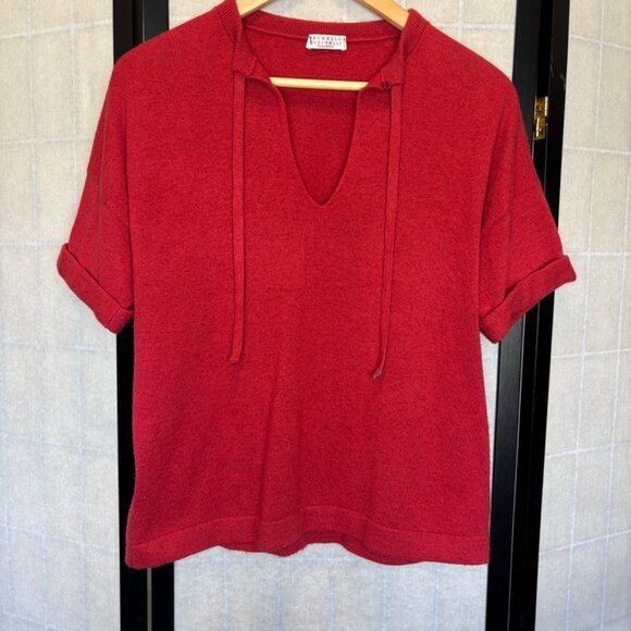 BRUNELLO CUCINELLI Red Cashmere Knit Short Sleeve V-Neck Polo M Beaded Tie - Picture 1 of 5